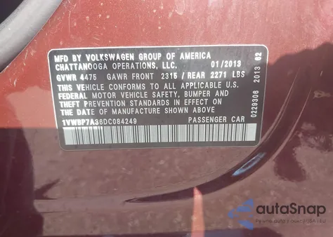 2013 Volkswagen Passat 2.5L Se from USA, damaged, VIN 1VWBP7A36DC084249